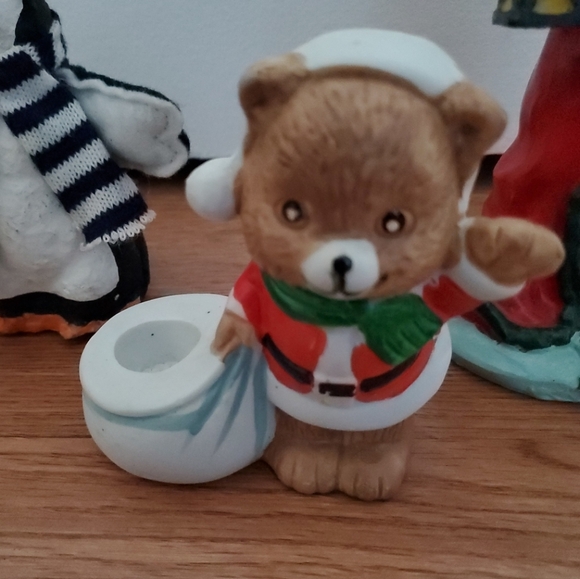 3 Christmas Decor Figurines Santa Penguin Bear Ceramic Candle Holder Vintage - Picture 3 of 5